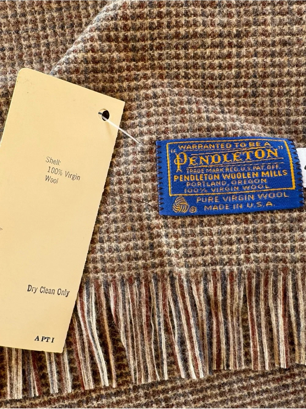 Pendleton 100% Virgin Wool Scarf Brown Houndstooth Fringe Made USA